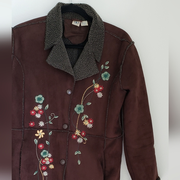 Vintag Coat Y2k Grizzly Faux Suede Light Weight Embroidered Coat Small - Picture 2 of 7
